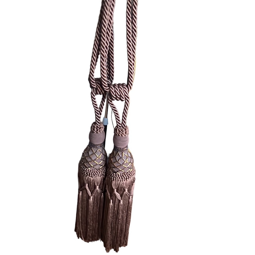 Set of 2 brown curtain tie tassels with copper beads detail approx 24” like new